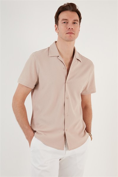 Pamuk Karışımlı Apaş Yaka Kısa Kollu Regular Fit Erkek Gömlek CF24S115882 TAŞ