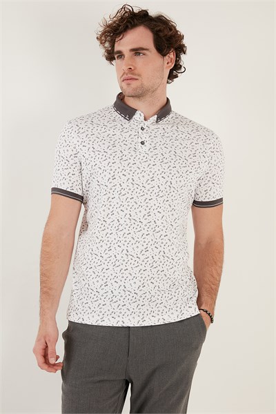 Pamuk Karışımlı Desenli Slim Fit Erkek Polo Yaka T Shirt 646B3270 BEYAZ