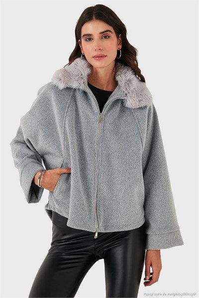 Pamuk Karışımlı Oversize Kürklü Yaka Yarasa Kol Kışa Kaşe Kadın Mont 6839660 GRİ