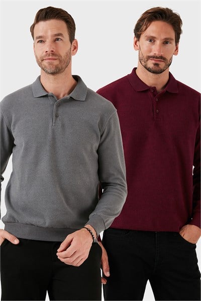 Pamuk Karışımlı Regular Fit 2li Paket Erkek Polo Yaka Kazak 456223S2 Koyu Gri-Mürdüm