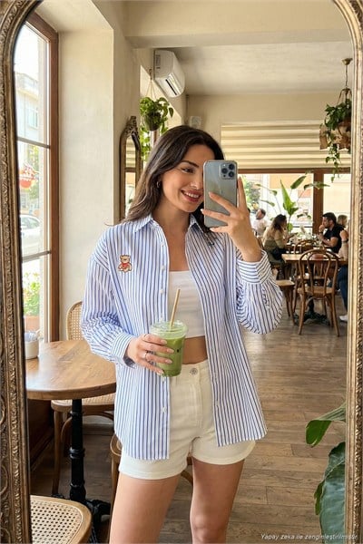 Pamuk Karışımlı Regular Fit Ayıcık İşlemeli Kadın Gömlek 6773106 Beyaz-İndigo