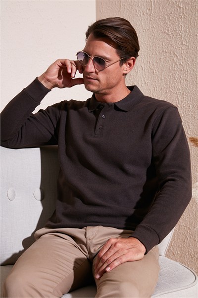 Pamuk Karışımlı Regular Fit Erkek Polo Yaka Kazak 456223 KAHVE