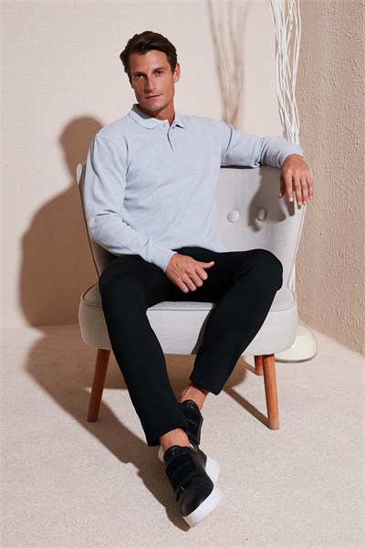 Pamuk Karışımlı Regular Fit Erkek Polo Yaka Kazak 456223 AÇIK GRİ