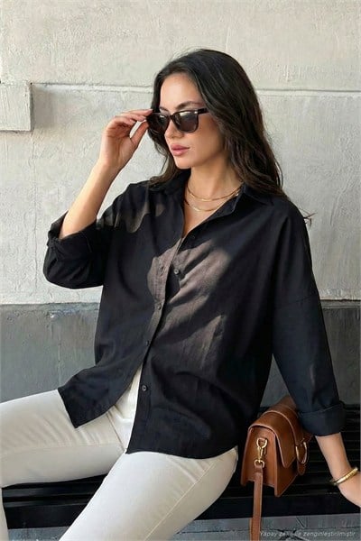 Pamuk Karışımlı Regular Fit Kadın Gömlek 6772418 SİYAH
