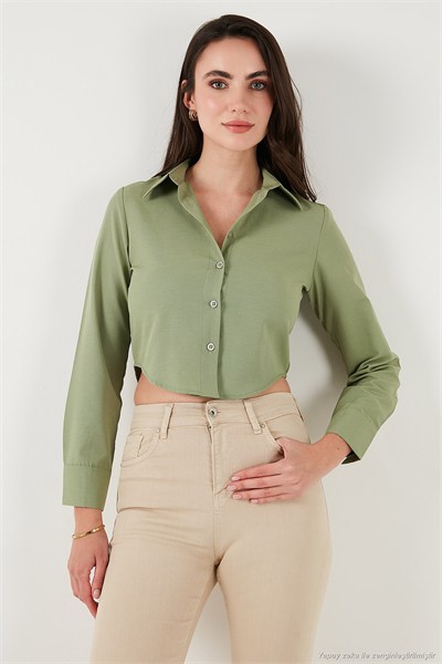 Pamuk Karışımlı Slim Fit Uzun Kollu Crop Kadın Gömlek 6777336 HAKİ