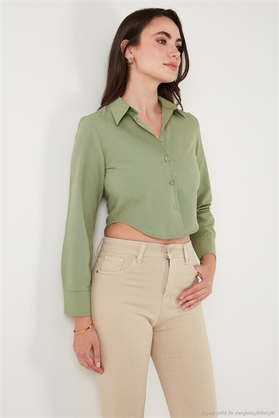 Pamuk Karışımlı Slim Fit Uzun Kollu Crop Kadın Gömlek 6777336 HAKİ
