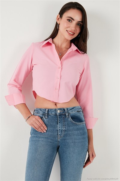 Pamuk Karışımlı Slim Fit Uzun Kollu Crop Kadın Gömlek 6777336 Şeker Pembe