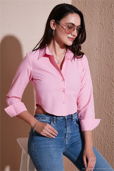 Pamuk Karışımlı Slim Fit Uzun Kollu Crop Kadın Gömlek 6777336 Şeker Pembe
