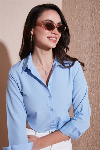Pamuk Karışımlı Slim Fit Uzun Kollu Crop Kadın Gömlek 6777336 BEBE MAVİ