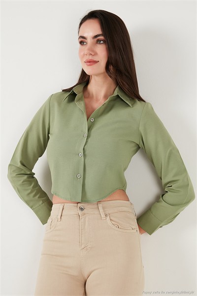 Pamuk Karışımlı Slim Fit Uzun Kollu Crop Kadın Gömlek 6777336 HAKİ