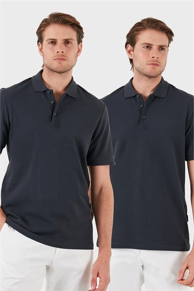 Pamuk Regular Fit Düğmeli 2li Paket Erkek Polo Yaka T Shirt 5902127S2 Antrasit-Antrasit