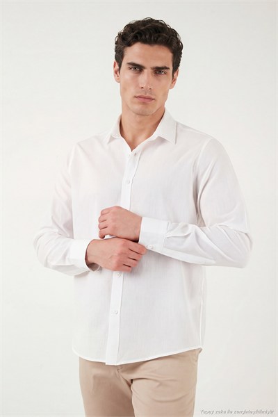 Pamuk ve Keten Karışımlı Regular Fit Klasik Yaka Uzun Kollu Erkek Gömlek CF26S1210134 BEYAZ