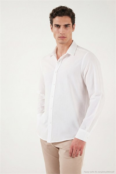 Pamuk ve Keten Karışımlı Regular Fit Klasik Yaka Uzun Kollu Erkek Gömlek CF26S1210134 BEYAZ