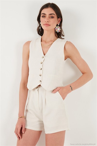 Pamuk ve Keten Karışımlı Slim Fit Yelek Şort Kadın Takım 5866118 BEJ
