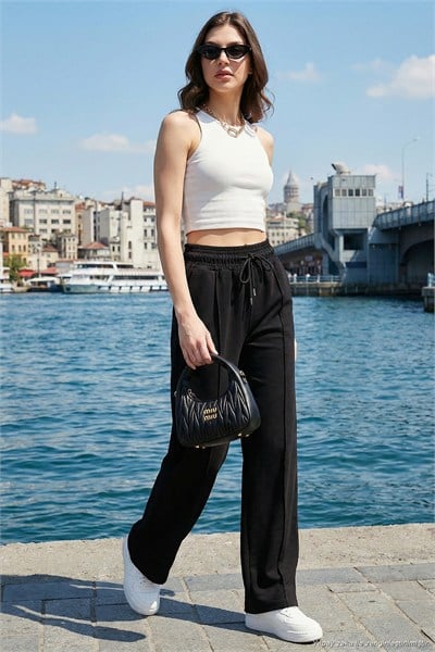 Pamuk ve Keten Karışımlı Yüksek Bel Rahat Kesim Bol Paça Spor Kadın Pantolon 5865022 SİYAH