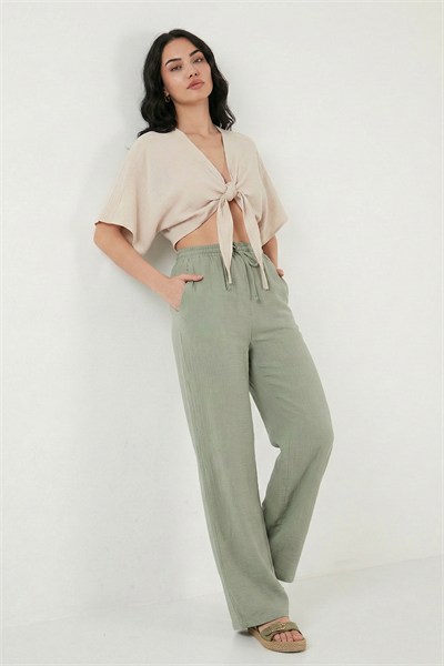 Pamuklu Bağlamalı Relaxed Fit Yüksek Bel Geniş Paça Müslin Kadın Pantolon 5866663 Olive