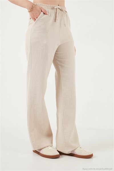 Pamuklu Bağlamalı Relaxed Fit Yüksek Bel Geniş Paça Müslin Kadın Pantolon 5866663 TAŞ