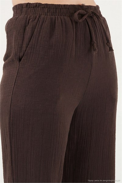 Pamuklu Bağlamalı Relaxed Fit Yüksek Bel Geniş Paça Müslin Kadın Pantolon 5866663 KAHVE