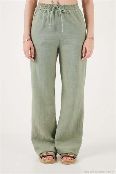 Pamuklu Bağlamalı Relaxed Fit Yüksek Bel Geniş Paça Müslin Kadın Pantolon 5866663 Olive