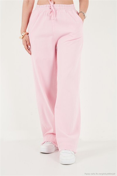Pamuklu Belden Bağlamalı Yüksek Bel Geniş Paça Cepli Regular Fit Kadın Pantolon 668YP4760 PEMBE
