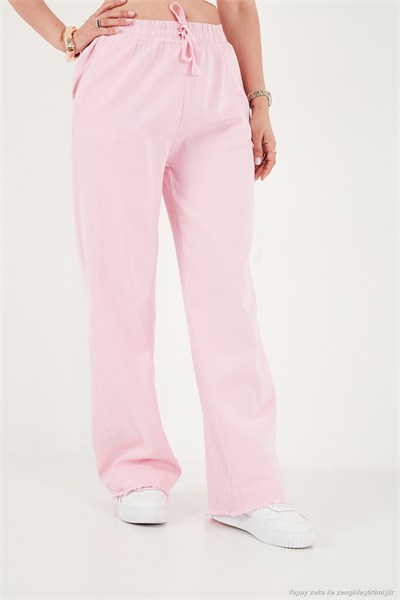 Pamuklu Belden Bağlamalı Yüksek Bel Geniş Paça Cepli Regular Fit Kadın Pantolon 668YP4760 PEMBE