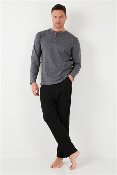 Pamuklu Beli Lastikli Regular Fit Uzun Kollu Erkek Pijama Takımı 6572008 FÜME