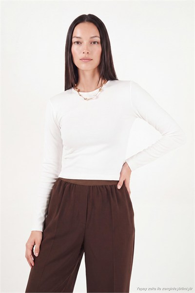 Pamuklu Bisiklet Yaka Crop Kadın Bluz 5867060 EKRU