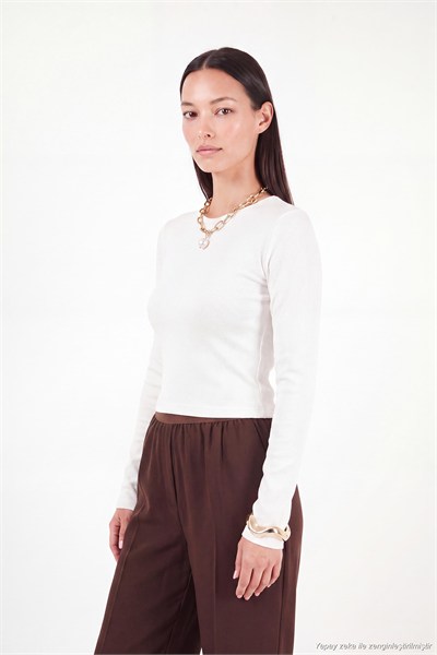 Pamuklu Bisiklet Yaka Crop Kadın Bluz 5867060 EKRU