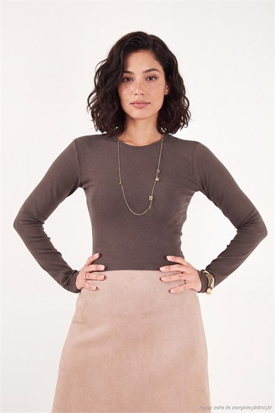 Pamuklu Bisiklet Yaka Crop Kadın Bluz 5867060 KAHVE