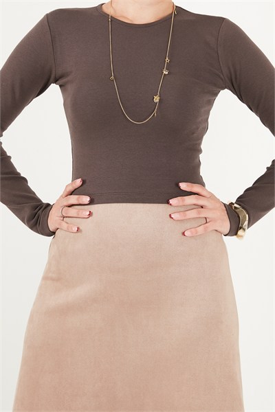 Pamuklu Bisiklet Yaka Crop Kadın Bluz 5867060 KAHVE