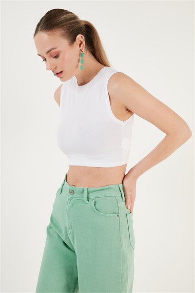 Pamuklu Bisiklet Yaka Dar Kesim Crop Kadın Atlet 5865259 BEYAZ