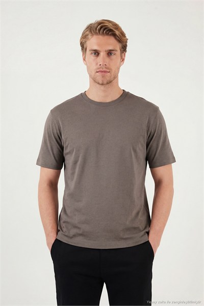 Pamuklu Bisiklet Yaka Kısa Kollu Erkek T Shirt 5904114 AÇIK KAHVE