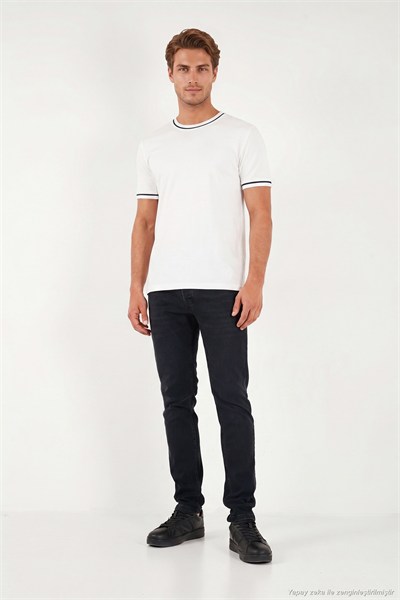 Pamuklu Bisiklet Yaka Kontrast Şeritli Erkek T Shirt 5904034 EKRU