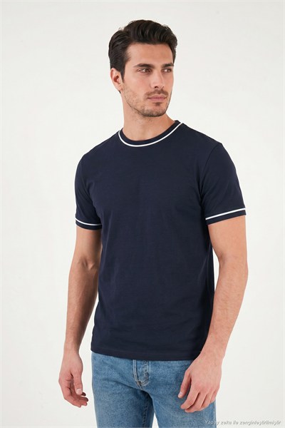 Pamuklu Bisiklet Yaka Kontrast Şeritli Erkek T Shirt 5904034 İNDİGO