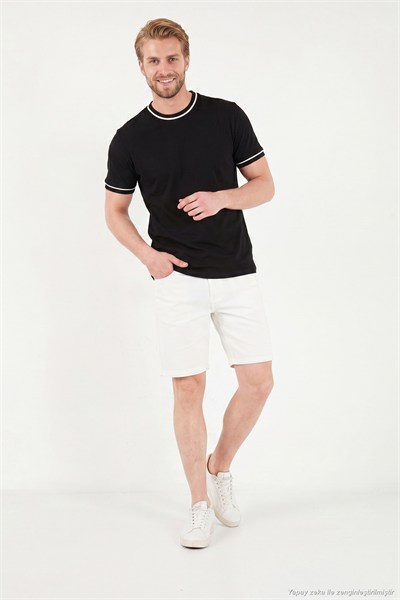 Pamuklu Bisiklet Yaka Kontrast Şeritli Erkek T Shirt 5904034 SİYAH