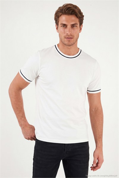 Pamuklu Bisiklet Yaka Kontrast Şeritli Erkek T Shirt 5904034 EKRU