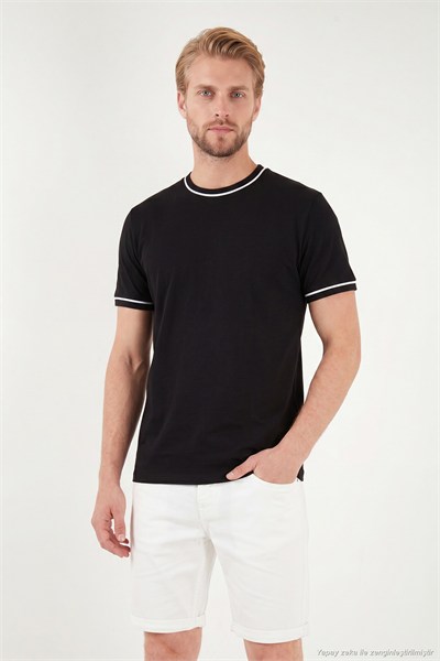 Pamuklu Bisiklet Yaka Kontrast Şeritli Erkek T Shirt 5904034 SİYAH