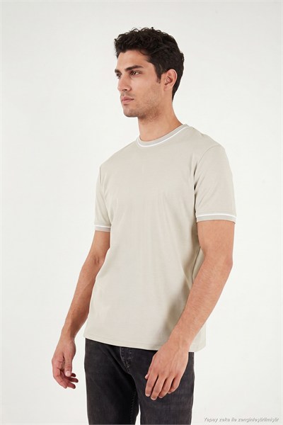 Pamuklu Bisiklet Yaka Kontrast Şeritli Erkek T Shirt 5904034 TAŞ