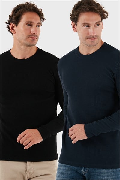 Pamuklu Bisiklet Yaka Normal Kalıp Basic 2li Paket Erkek Sweat 5905073S2 LACİVERT-SİYAH