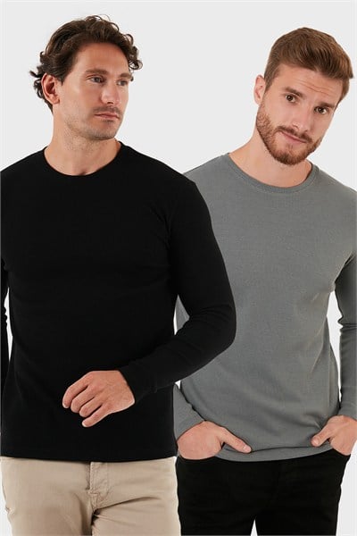 Pamuklu Bisiklet Yaka Normal Kalıp Basic 2li Paket Erkek Sweat 5905073S2 Siyah-Açık Haki