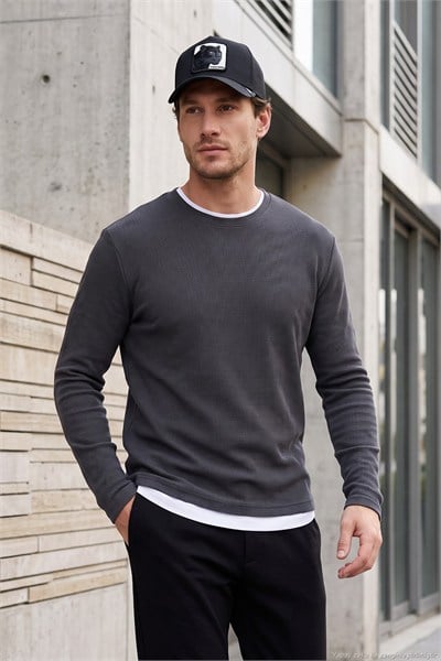 Pamuklu Bisiklet Yaka Normal Kalıp Basic Erkek Sweat 5905073 ANTRASİT