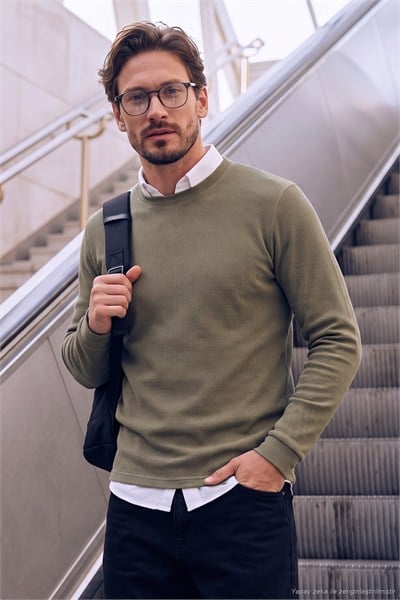 Pamuklu Bisiklet Yaka Normal Kalıp Basic Erkek Sweat 5905073 Vizon Yeşili