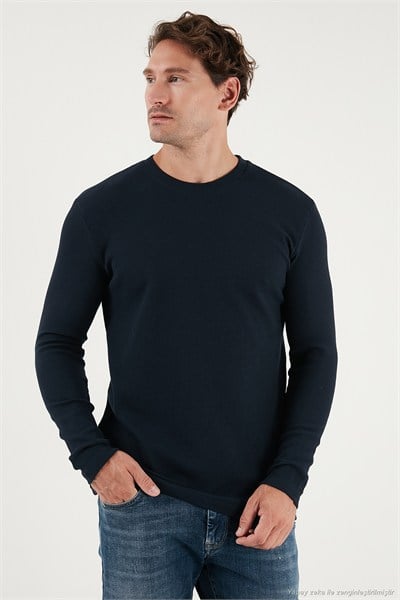 Pamuklu Bisiklet Yaka Normal Kalıp Basic Erkek Sweat 5905073 LACİVERT