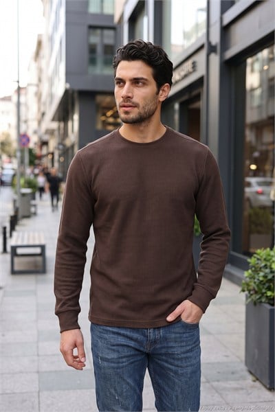 Pamuklu Bisiklet Yaka Normal Kalıp Basic Erkek Sweat 5905073 KAHVE