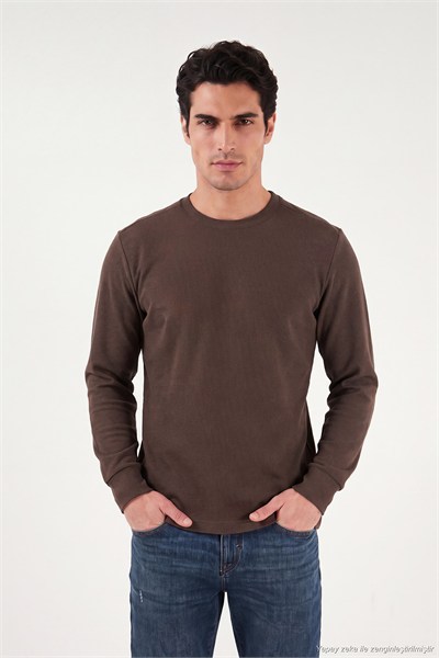 Pamuklu Bisiklet Yaka Normal Kalıp Basic Erkek Sweat 5905073 KAHVE