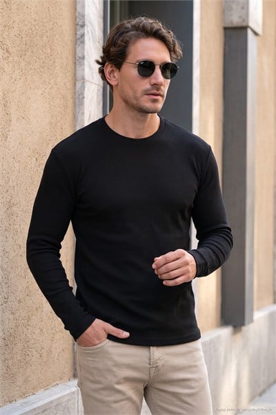 Pamuklu Bisiklet Yaka Normal Kalıp Basic Erkek Sweat 5905073 SİYAH