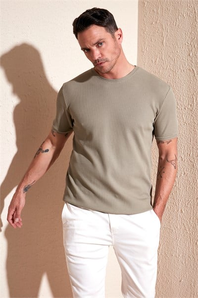 Pamuklu Bisiklet Yaka Regular Fit Basic Erkek T Shirt 5902759 Vizon Yeşili