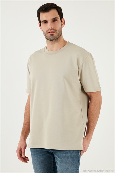 Pamuklu Bisiklet Yaka Relaxed Fit Basic Erkek T Shirt 5902610 Açık Taş