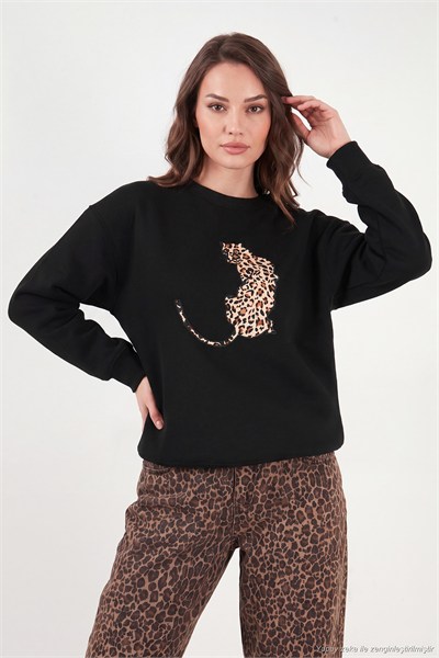 Pamuklu Bisiklet Yaka Şardonlu Kadın Sweat 5867116 SİYAH