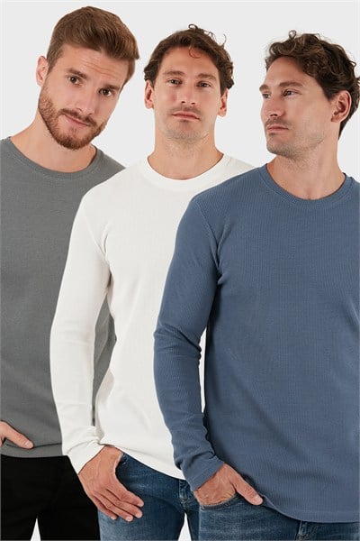 Pamuklu Bisklet Yaka Normal Kalıp Basic 3lü Paket Erkek Sweat 5905073S3 Açık Haki-Ekru-Koyu Gri